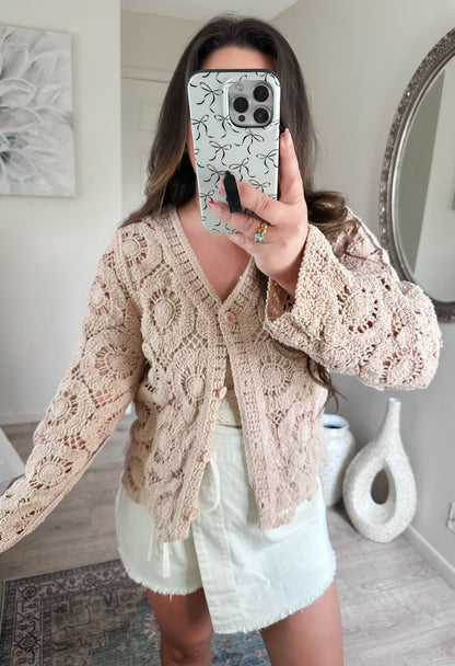 Soft Taupe Crochet Cardigan